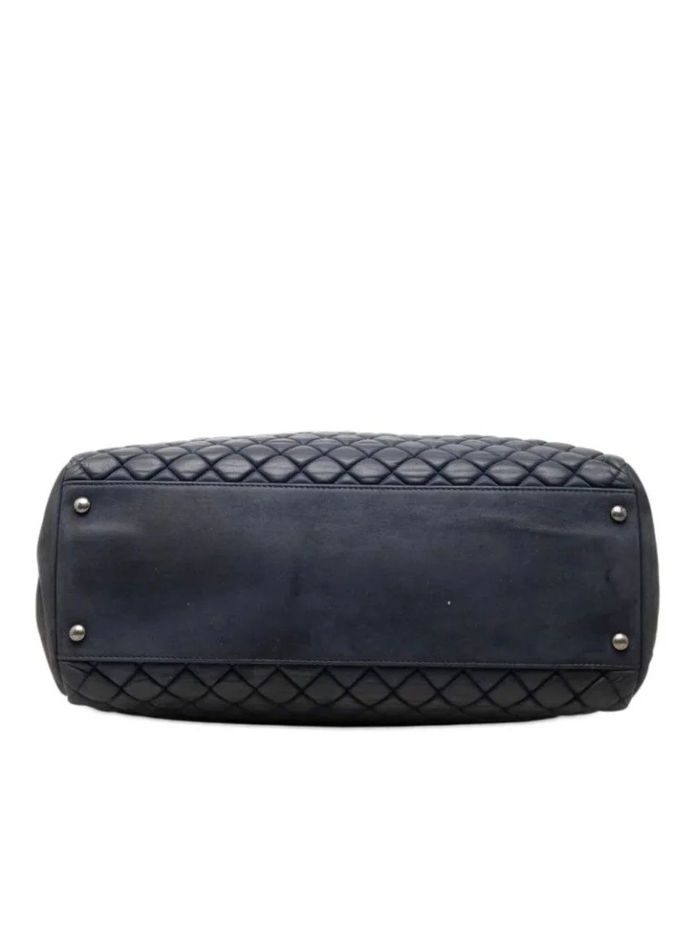 Chanel Quilted Chain Tote Shoulder Bag Navy Silver Leather